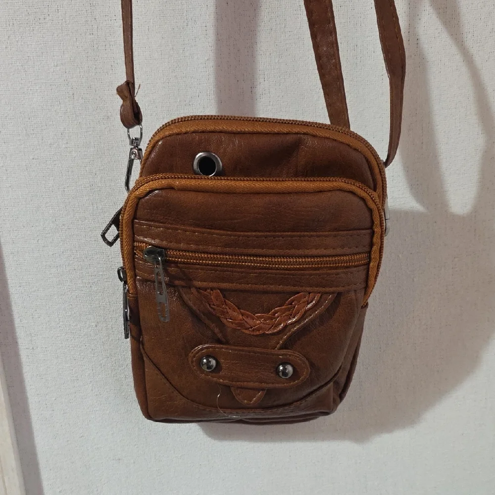 Brown Faux Leather Multi Pocket Crossbody Bag Small Travel Shoulder‎ Purse